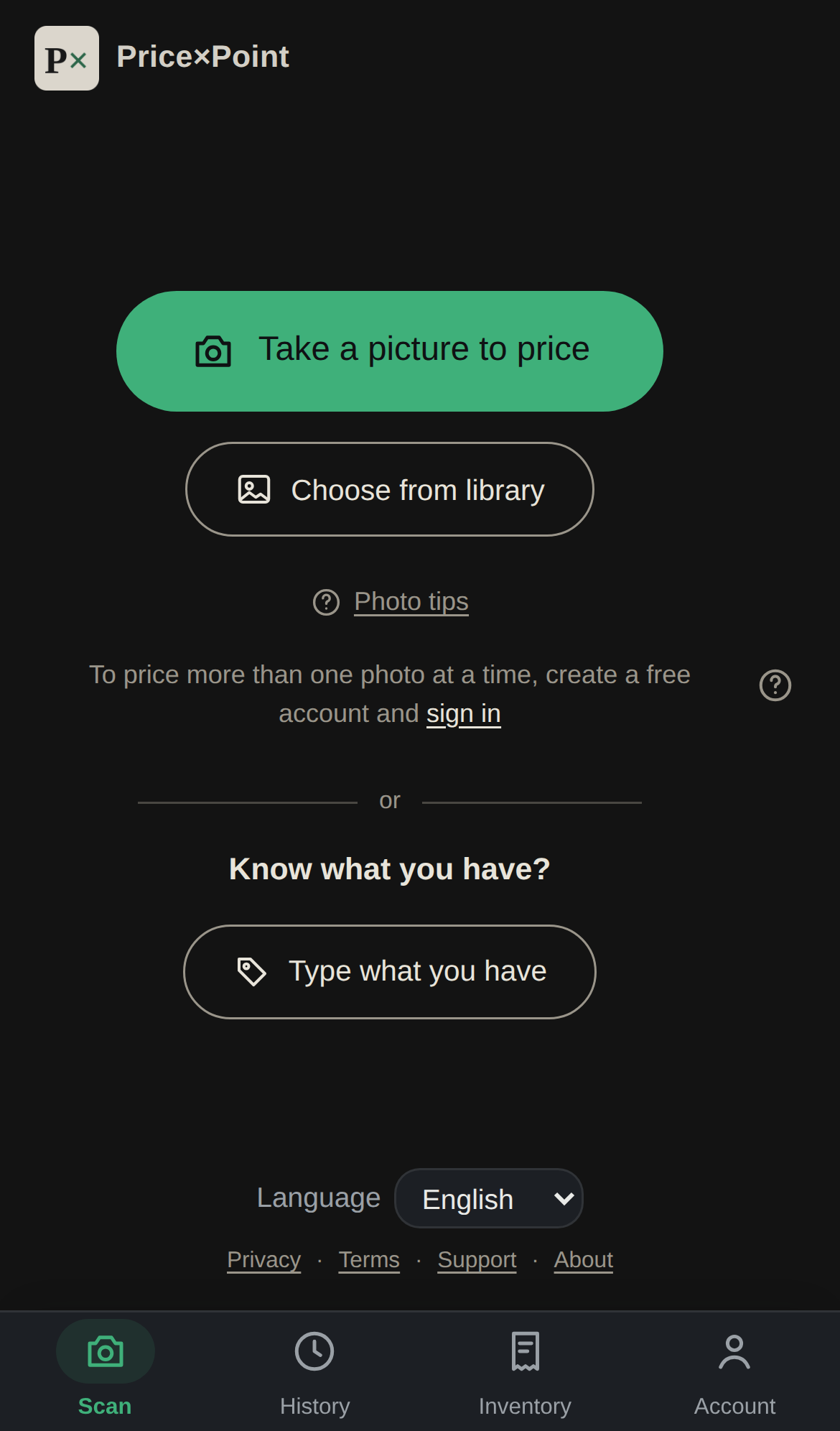 Scan screen with the three ways to start