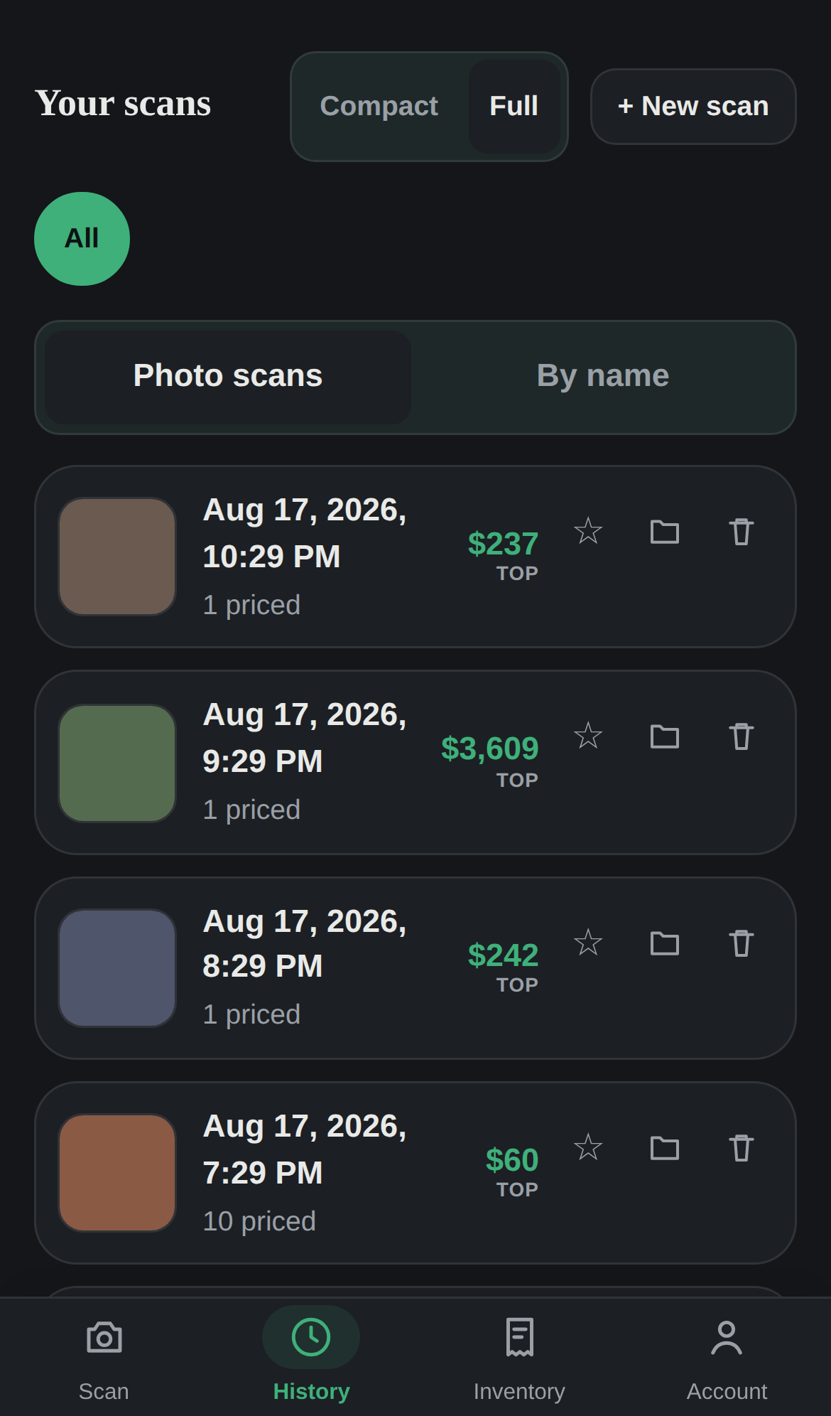 Scan history list with thumbnails, dates and values