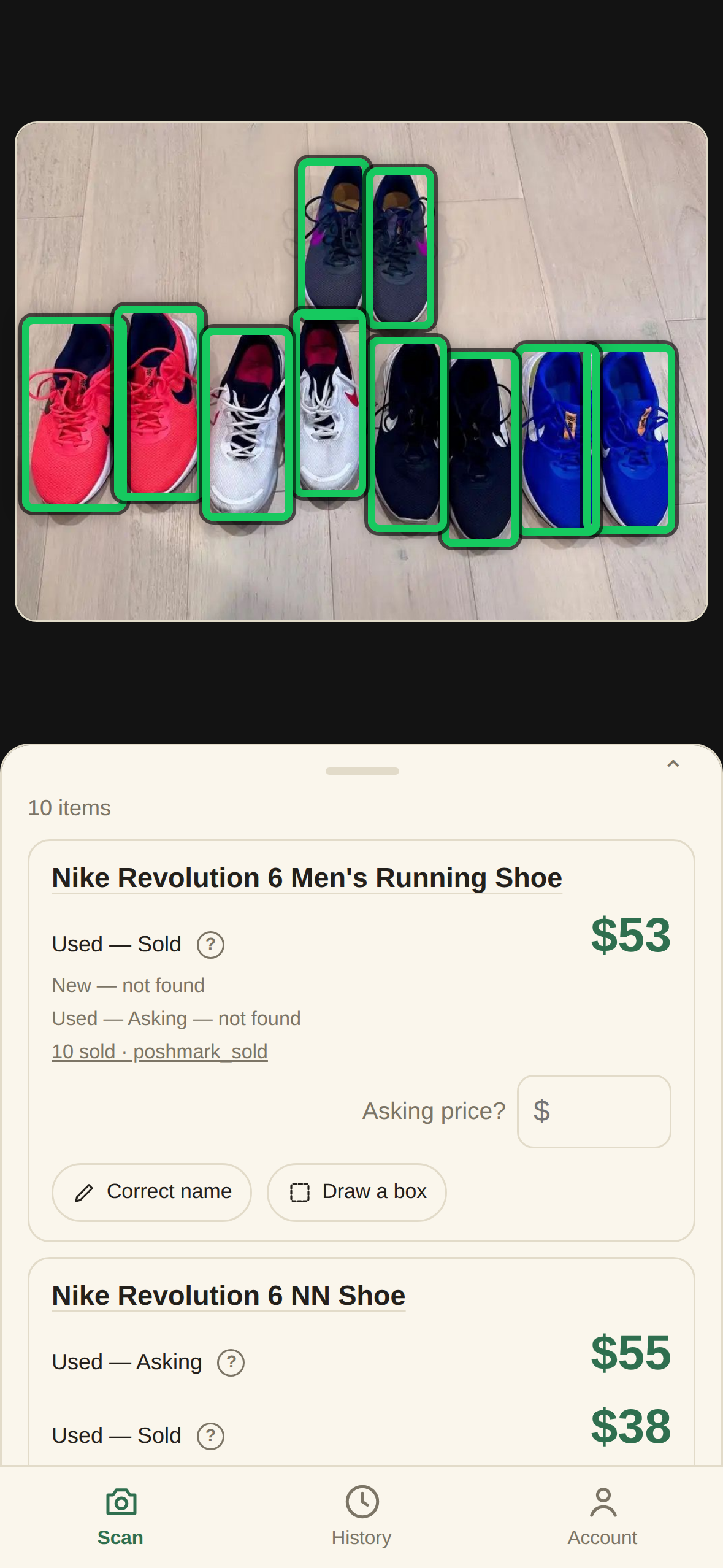 One photo of many sneakers, each detected with its own box and price