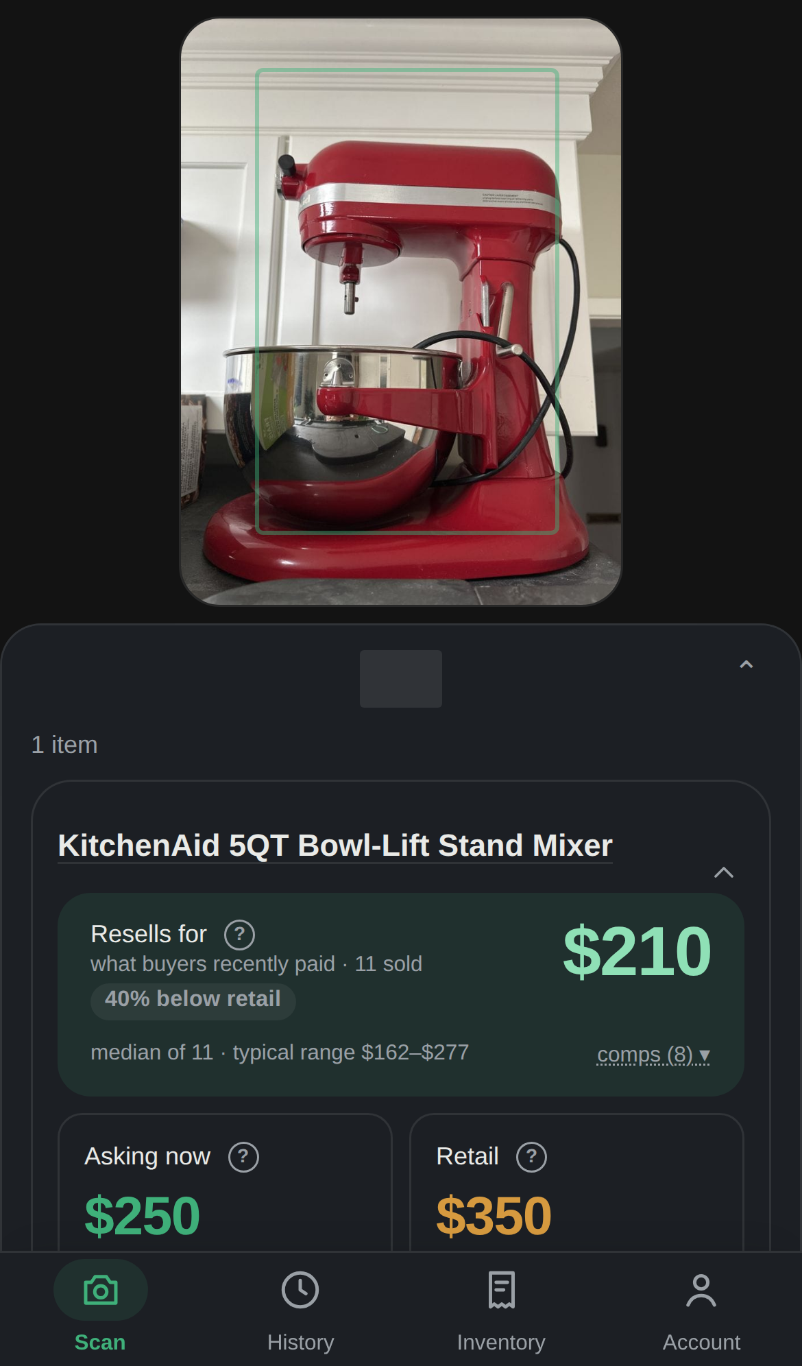 A priced item showing new, asking and sold values with source links